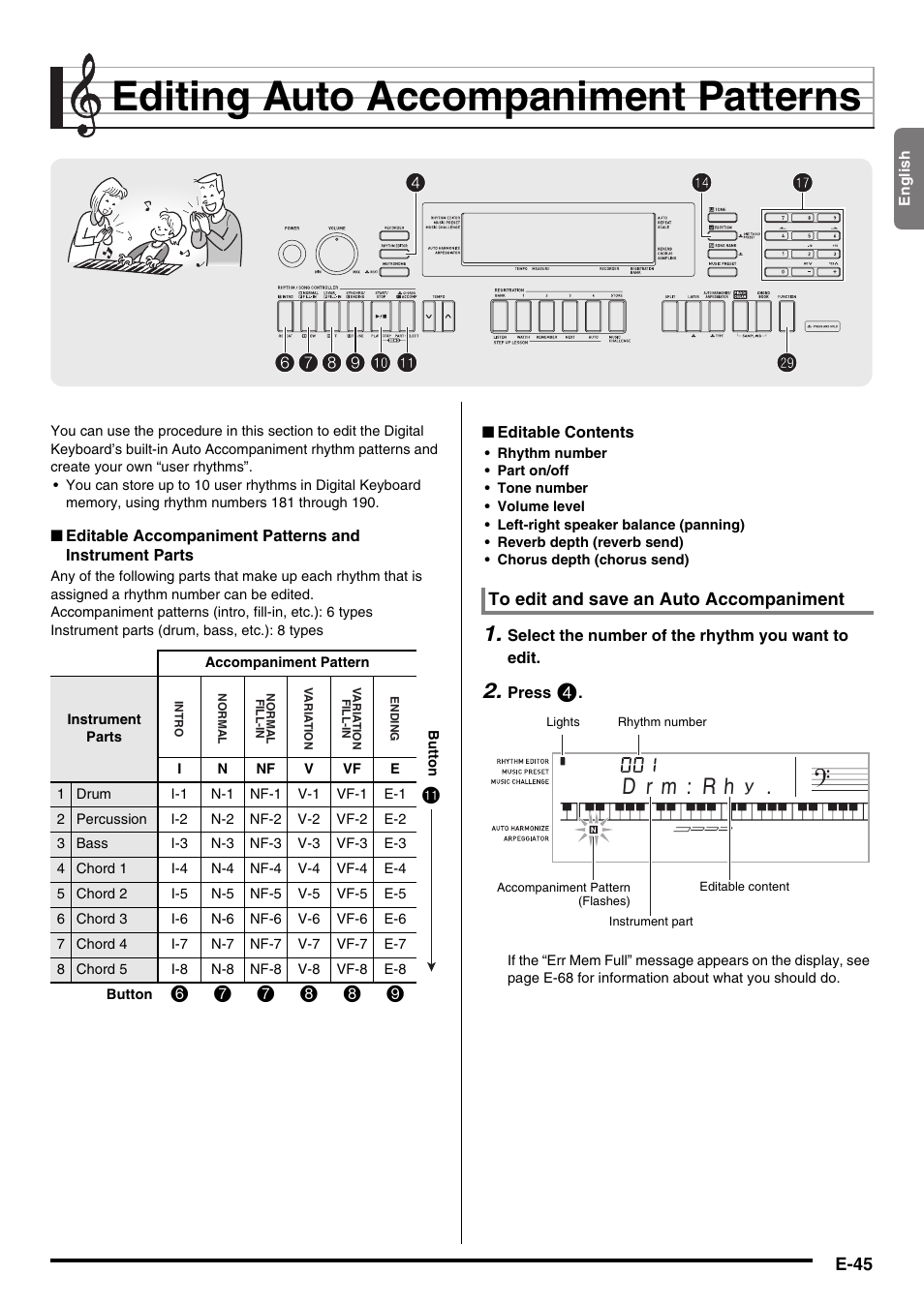 Editing auto accompaniment patterns, D r m : r h | Casio WK225 User Manual | Page 47 / 77