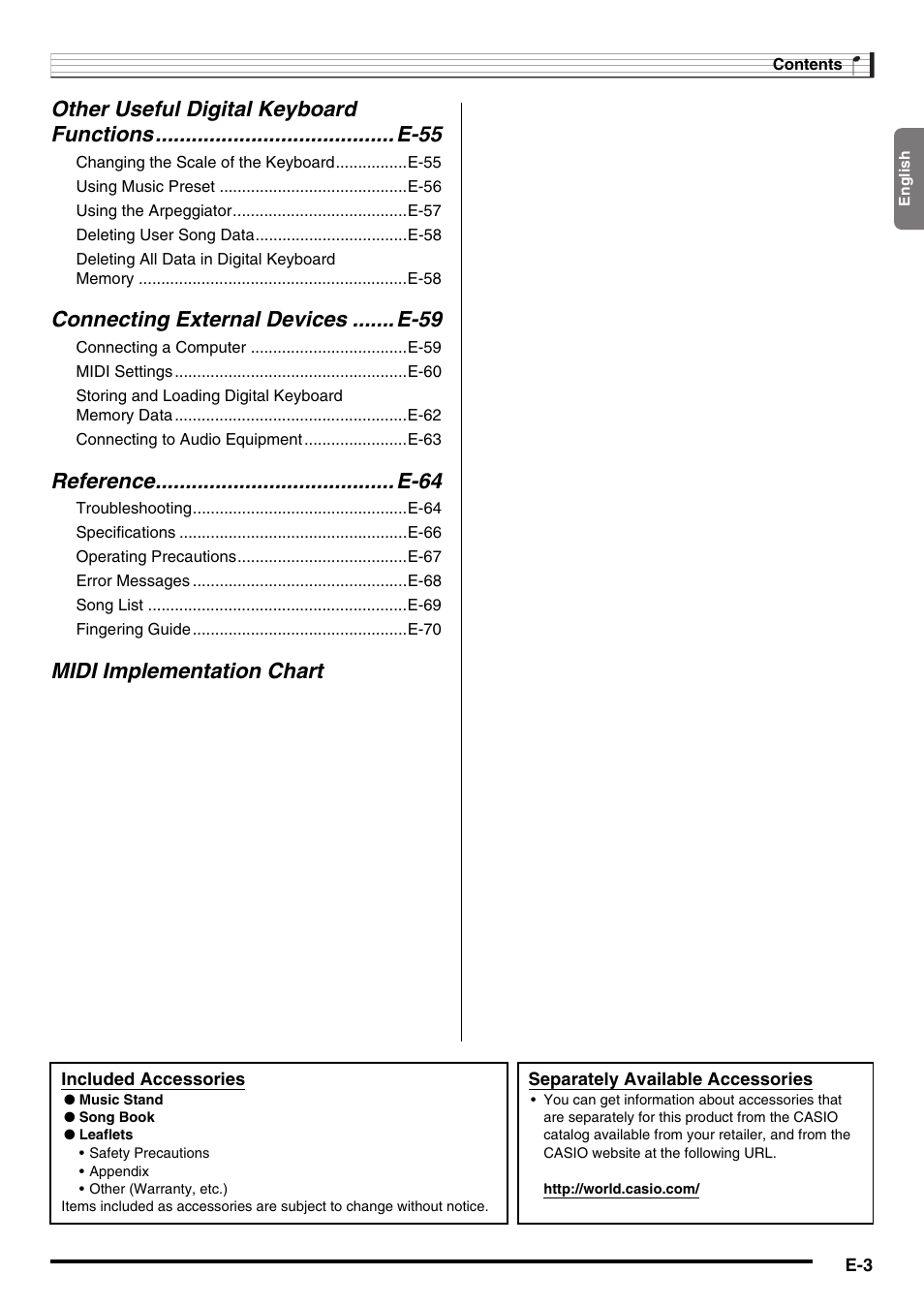 Connecting external devices ....... e-59, Midi implementation chart | Casio WK225 User Manual | Page 5 / 77