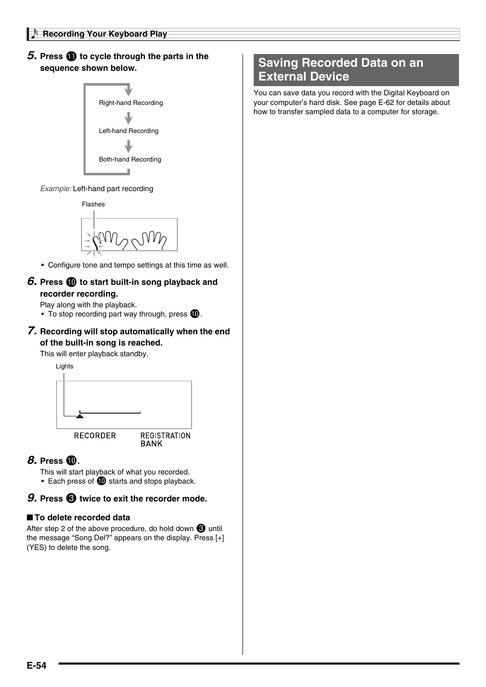 Saving recorded data on an external device | Casio WK225 User Manual | Page 56 / 77