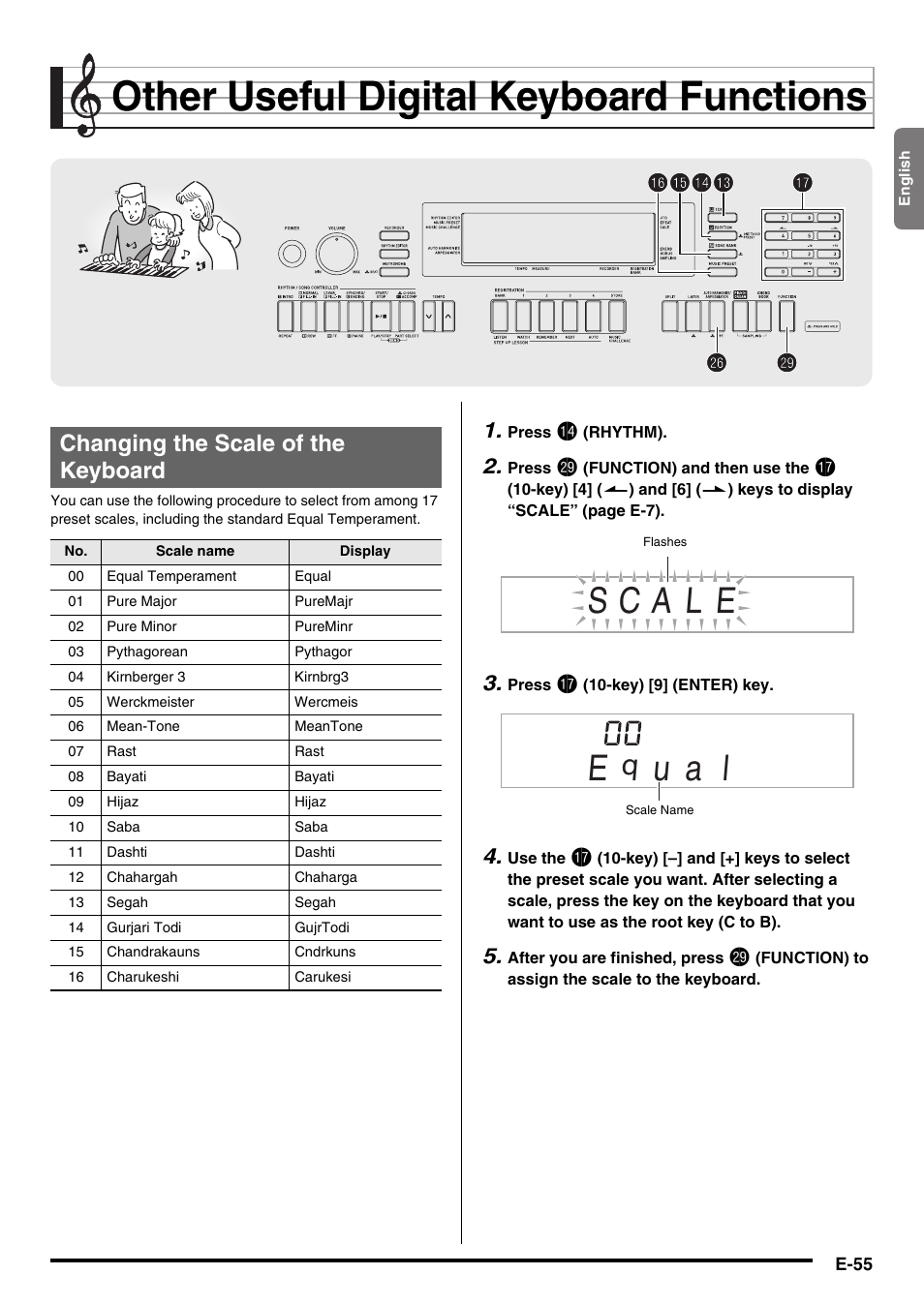 Other useful digital keyboard functions, U a l, Cq ct ct br br bo bo bq bqbp bp bn bn | Changing the scale of the keyboard | Casio WK225 User Manual | Page 57 / 77