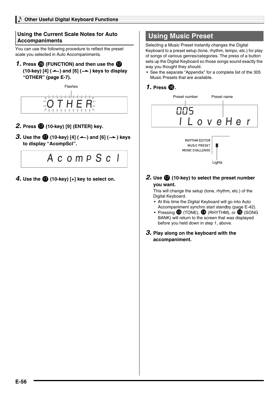 S c l, Using music preset | Casio WK225 User Manual | Page 58 / 77