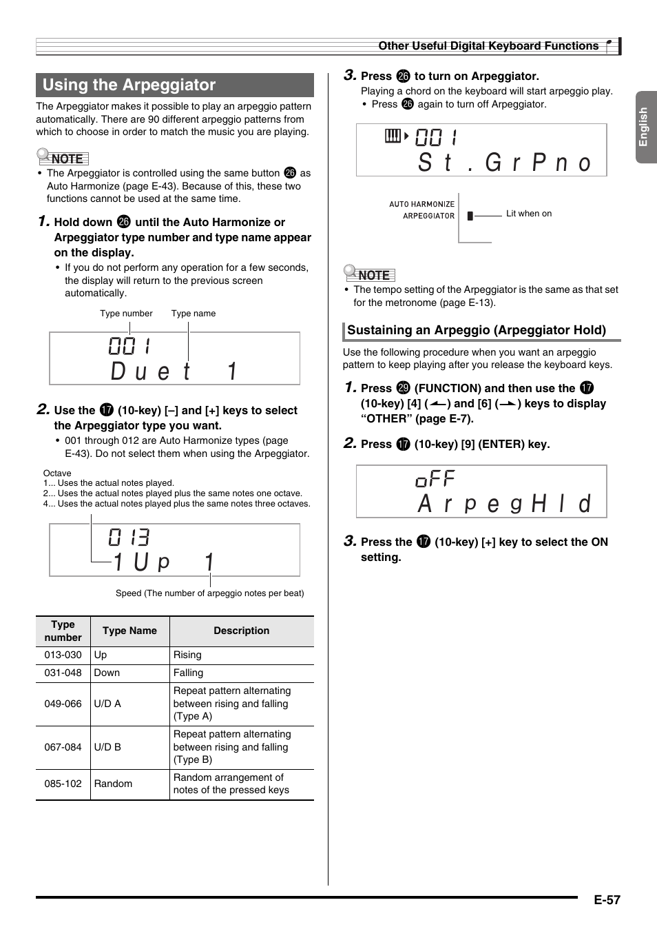 H l d, Using the arpeggiator | Casio WK225 User Manual | Page 59 / 77