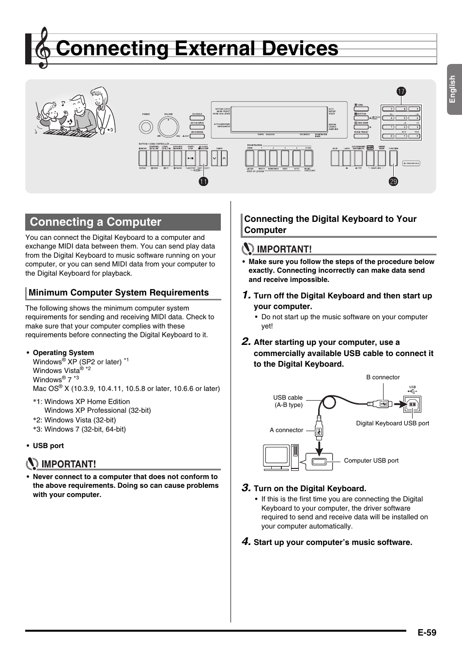 Connecting external devices, Bl ct ct br br, Connecting a computer | Casio WK225 User Manual | Page 61 / 77