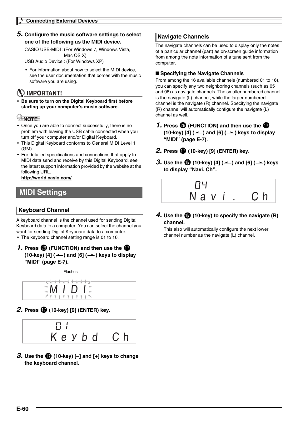 M i d i, B d c h, Midi settings | Casio WK225 User Manual | Page 62 / 77