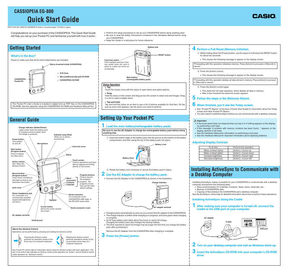 Casio CASSIOPEIA EG-800 User Manual | 2 pages