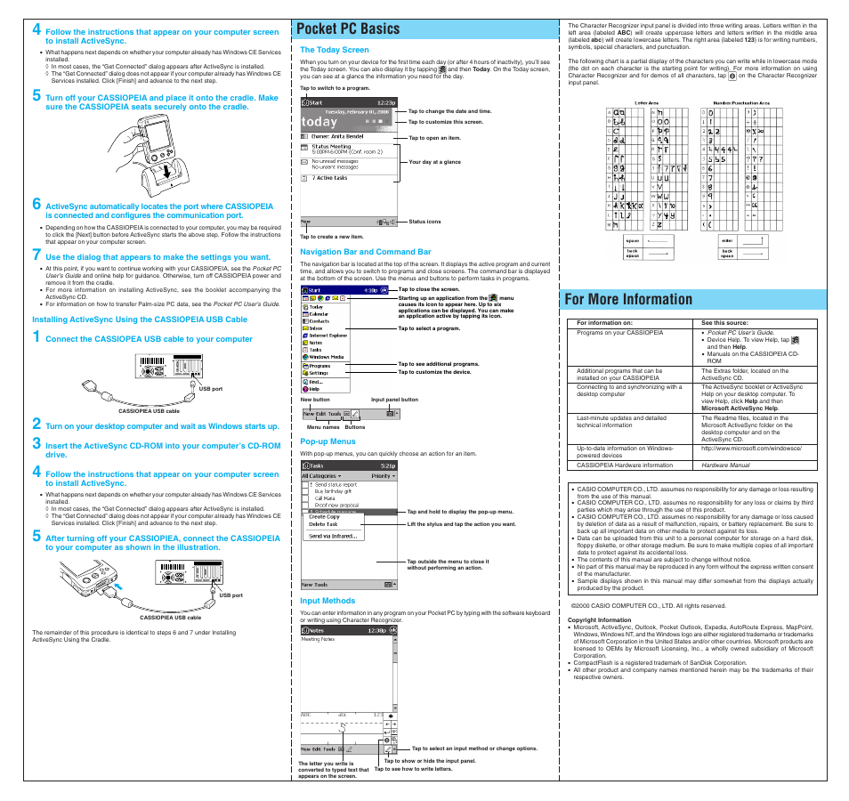 Pocket pc basics, For more information | Casio CASSIOPEIA EG-800 User Manual | Page 2 / 2