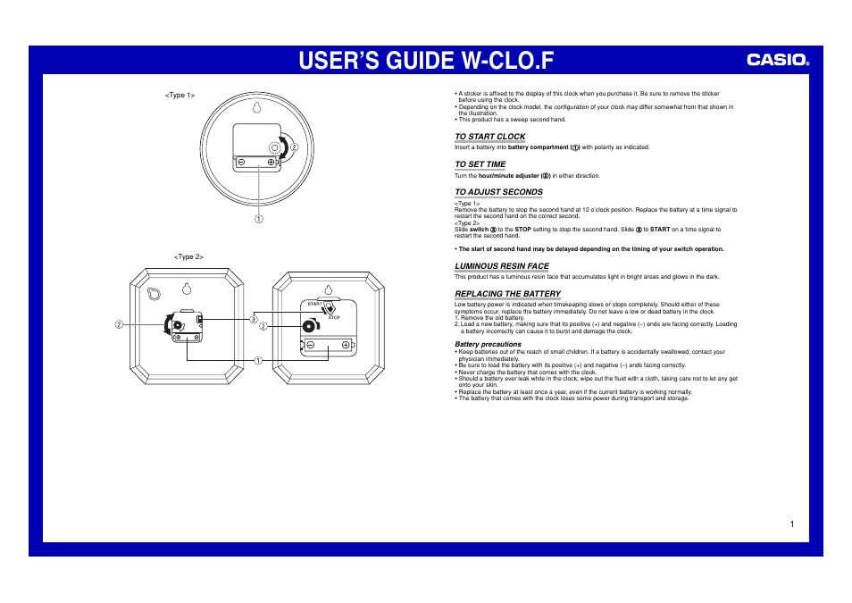 Casio W-CLO.F User Manual | 1 page