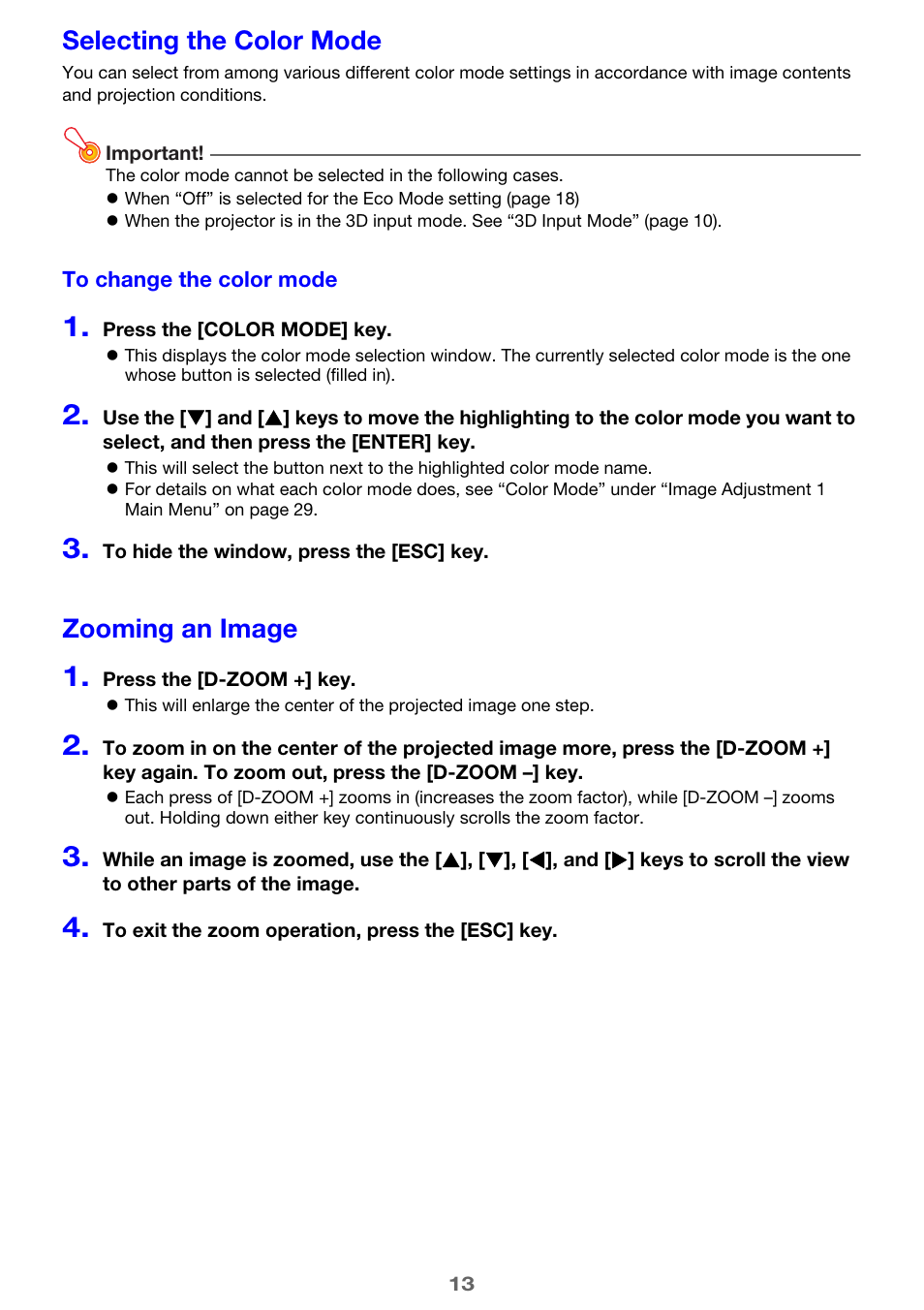 Selecting the color mode, Zooming an image | Casio XJ-M250/XJ-M255* User Manual | Page 13 / 63