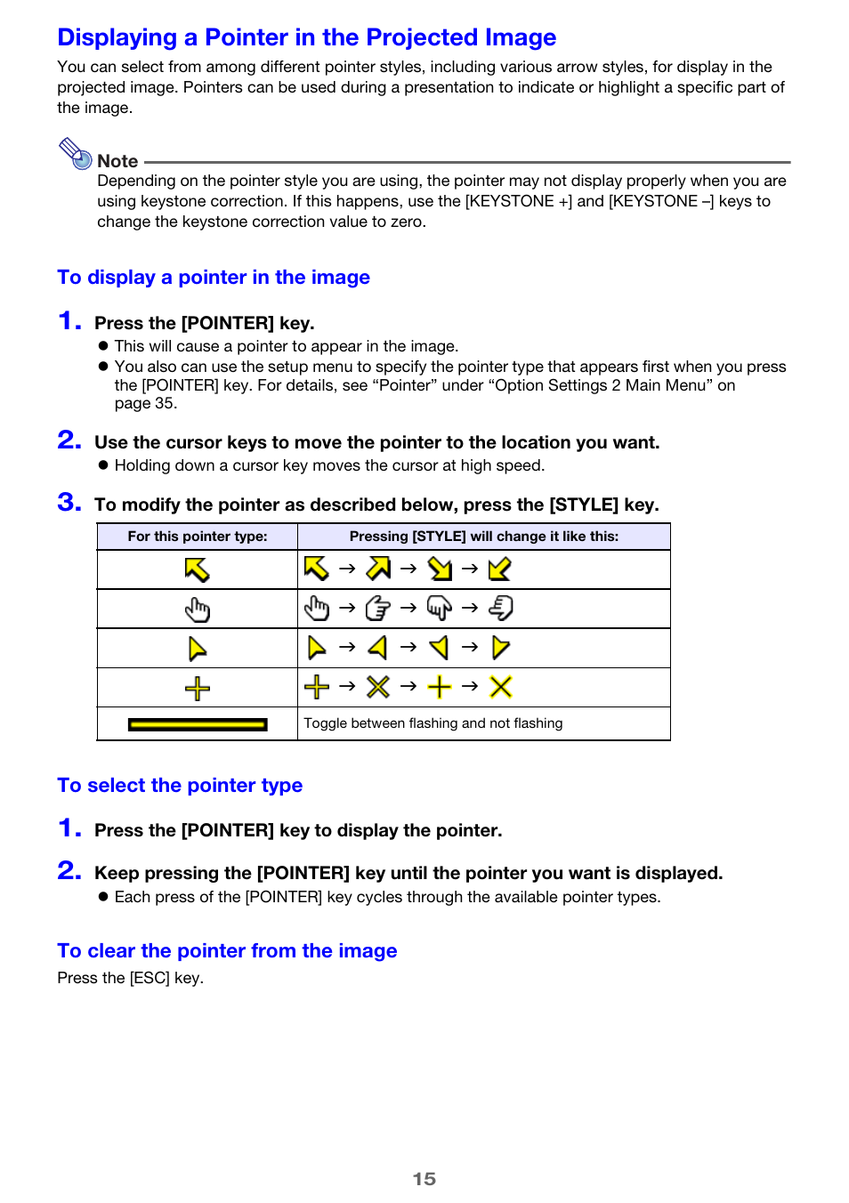 Displaying a pointer in the projected image | Casio XJ-M250/XJ-M255* User Manual | Page 15 / 63