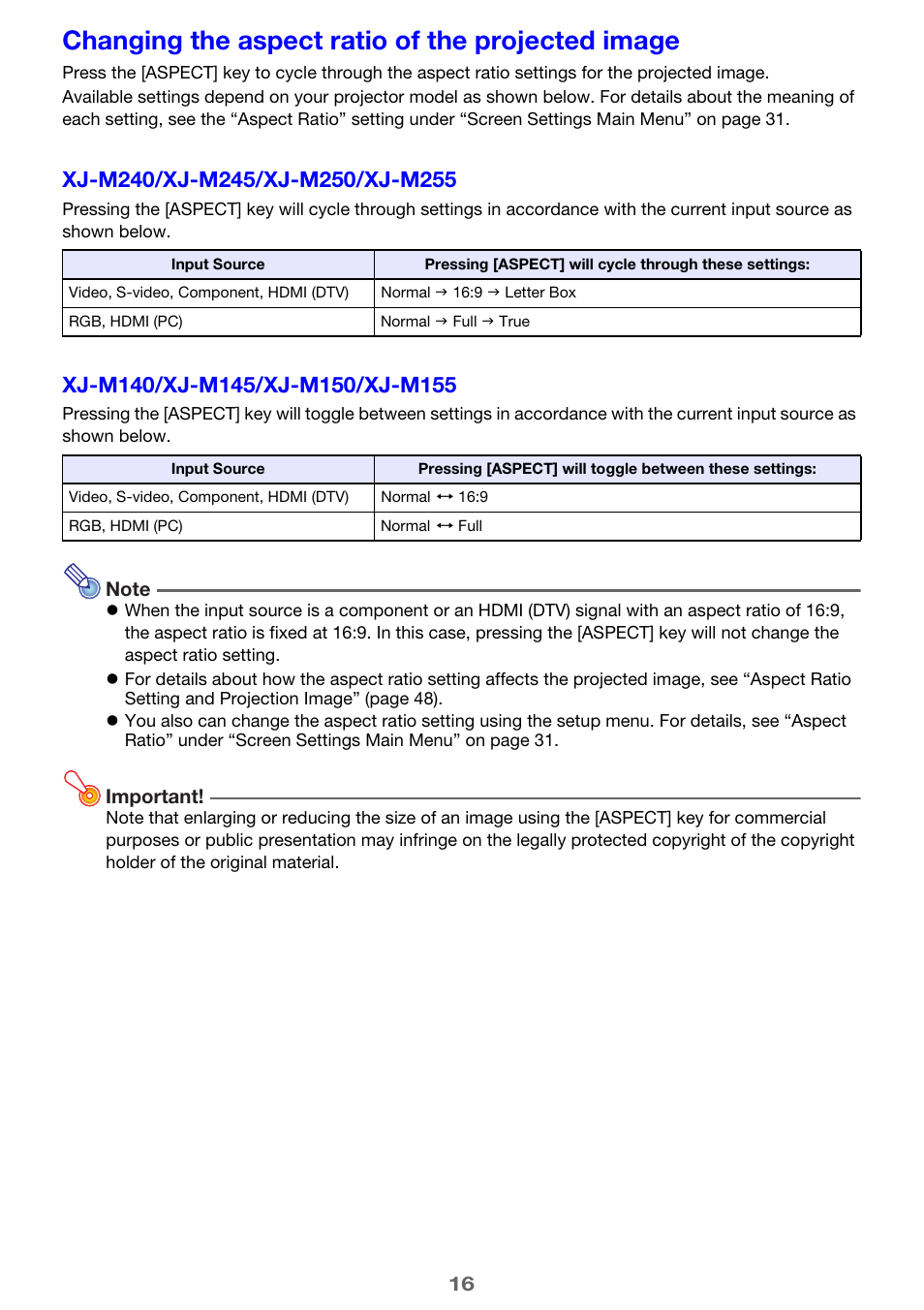 Changing the aspect ratio of the projected image | Casio XJ-M250/XJ-M255* User Manual | Page 16 / 63