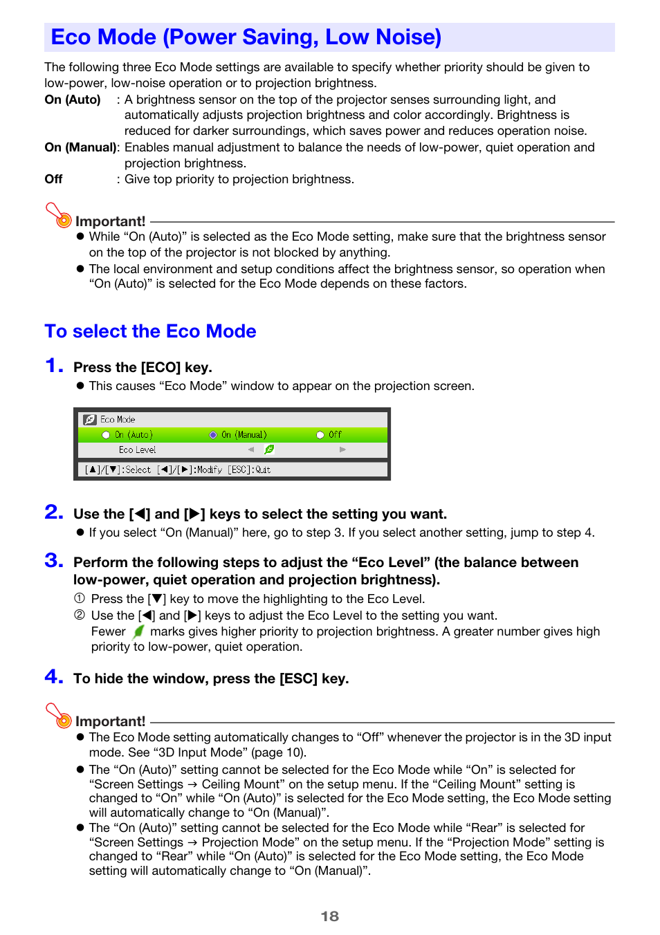 Eco mode (power saving, low noise), To select the eco mode, E 18) | Casio XJ-M250/XJ-M255* User Manual | Page 18 / 63