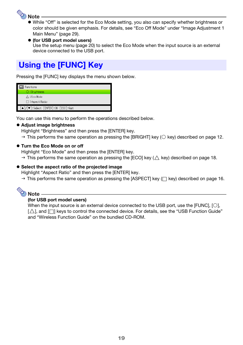 Using the [func] key | Casio XJ-M250/XJ-M255* User Manual | Page 19 / 63