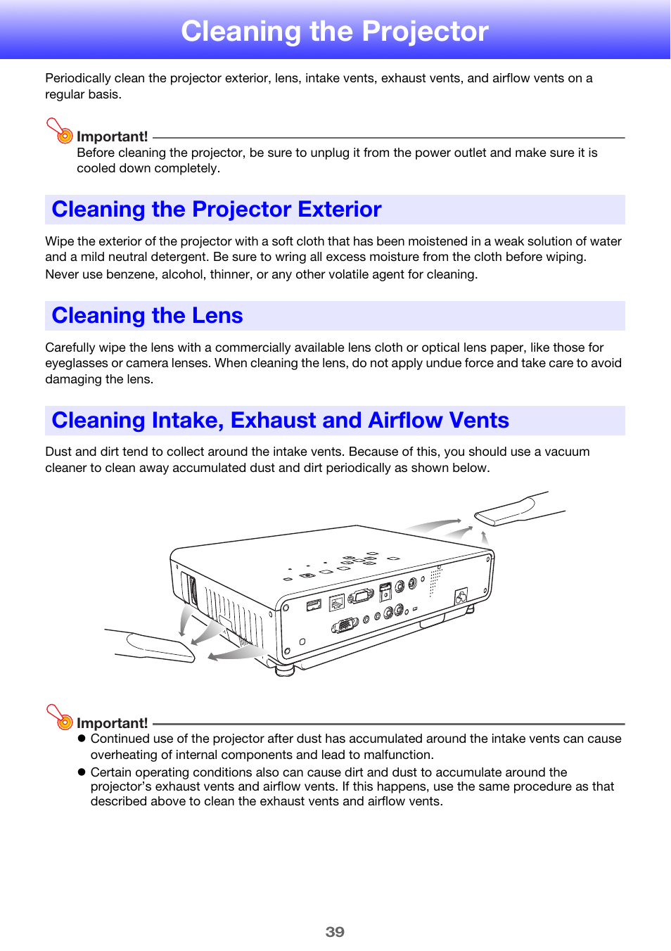 Cleaning the projector, Cleaning the projector exterior, Cleaning the lens | Cleaning intake, exhaust and airflow vents | Casio XJ-M250/XJ-M255* User Manual | Page 39 / 63