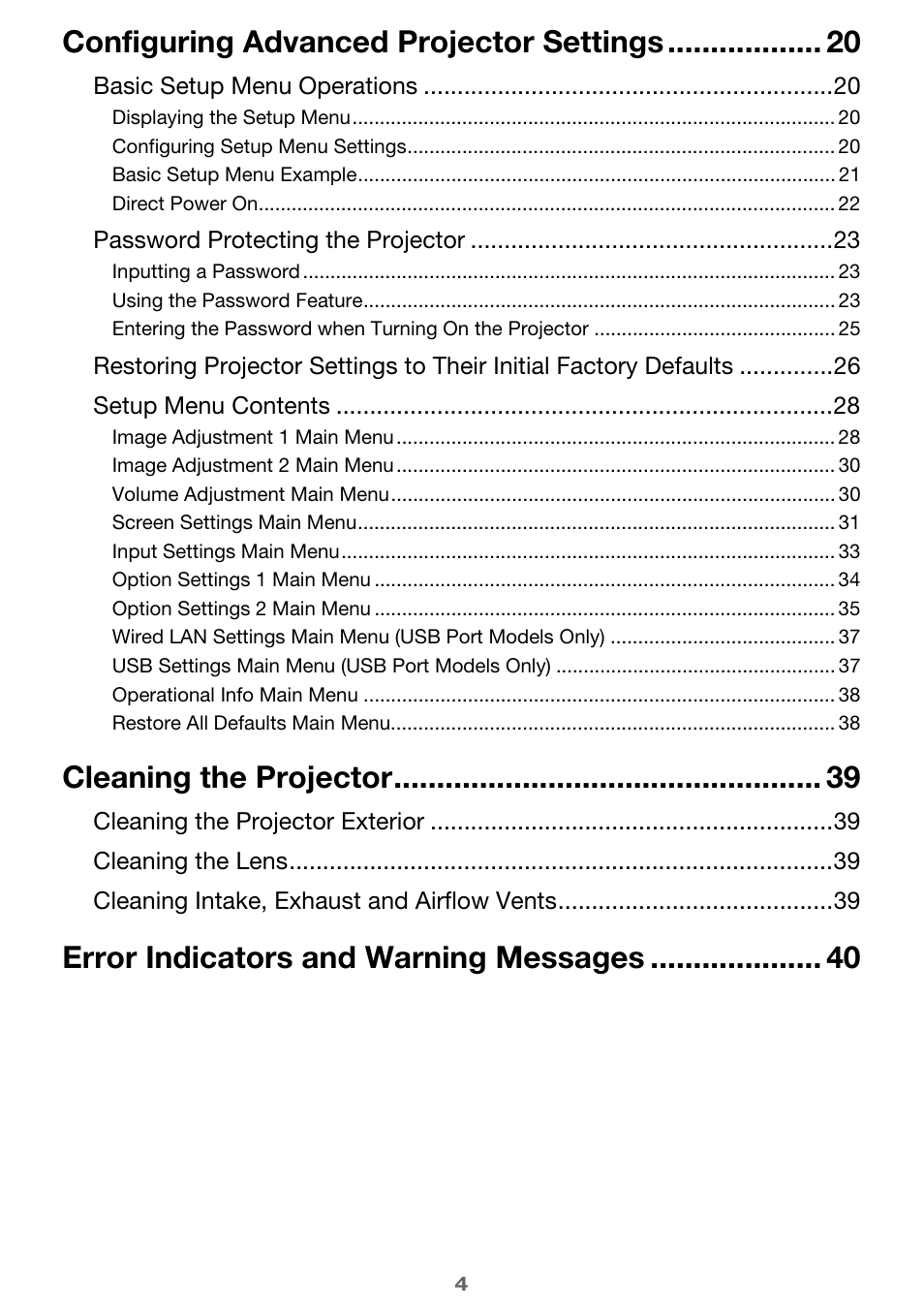Configuring advanced projector settings, Cleaning the projector, Error indicators and warning messages | Casio XJ-M250/XJ-M255* User Manual | Page 4 / 63
