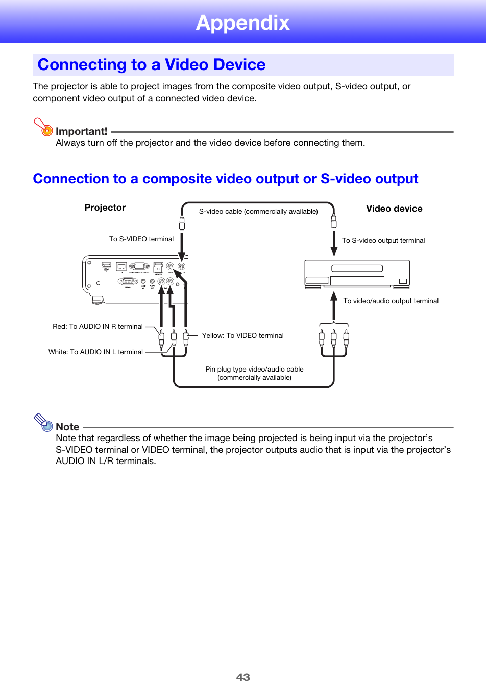 Appendix, Connecting to a video device | Casio XJ-M250/XJ-M255* User Manual | Page 43 / 63