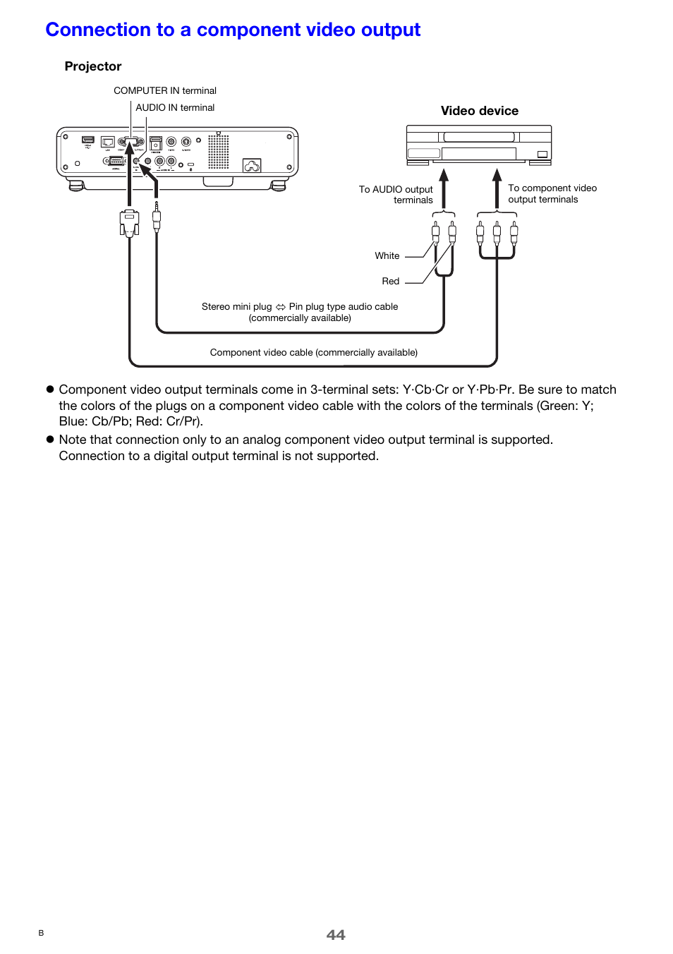 Connection to a component video output | Casio XJ-M250/XJ-M255* User Manual | Page 44 / 63