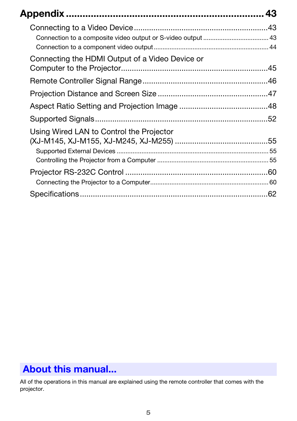 About this manual, Appendix | Casio XJ-M250/XJ-M255* User Manual | Page 5 / 63