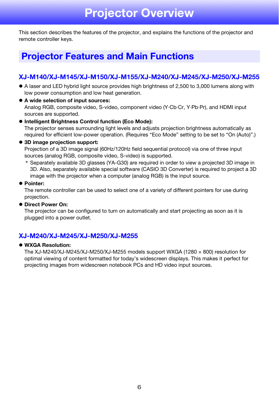 Projector overview, Projector features and main functions | Casio XJ-M250/XJ-M255* User Manual | Page 6 / 63