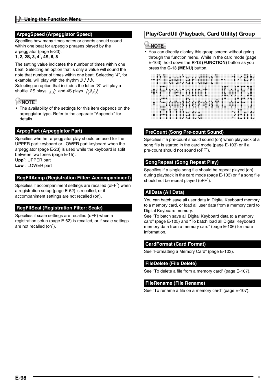 E-98, Play/cardutl (playback, card utility) group | Casio WK6500E1B User Manual | Page 100 / 132