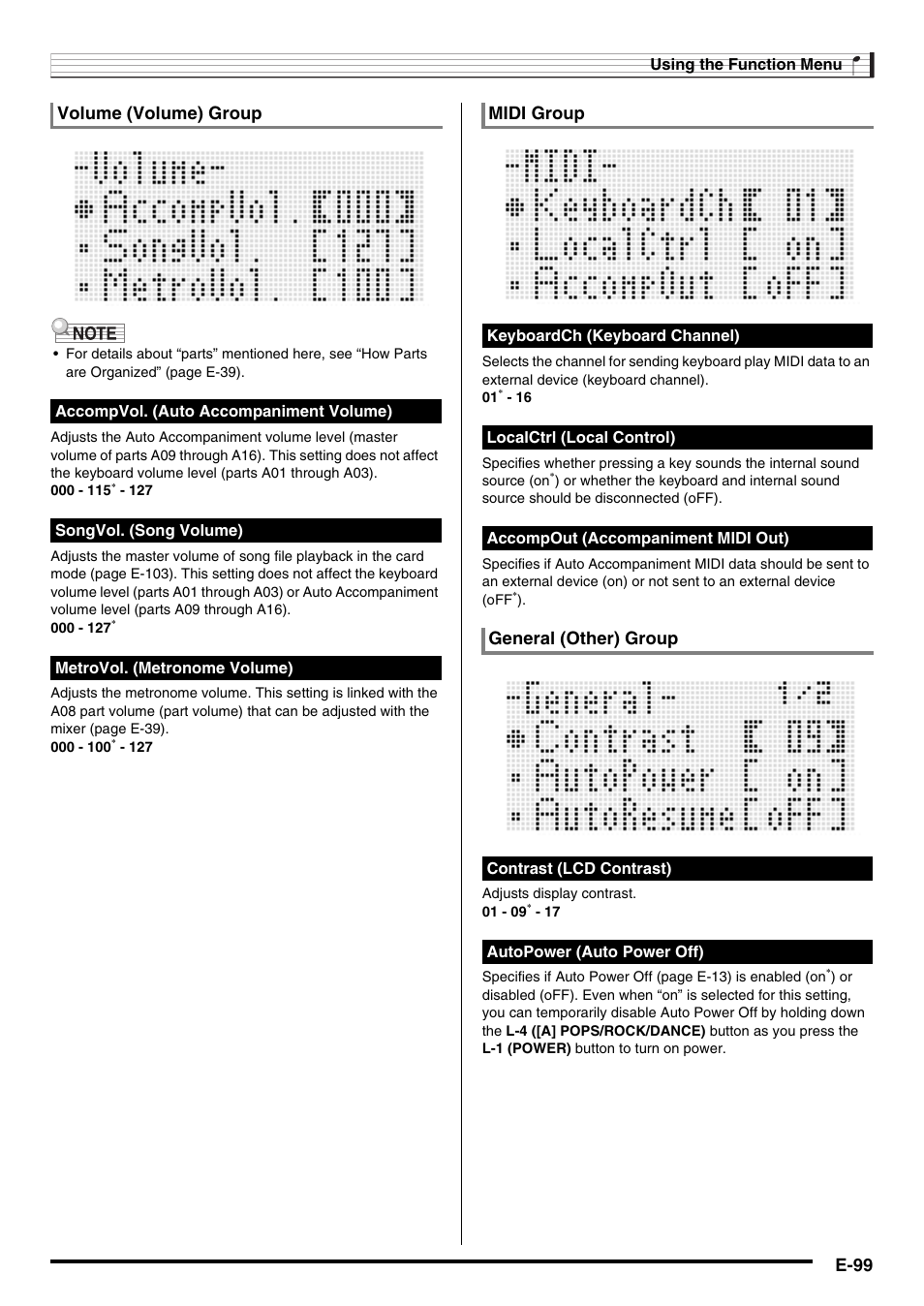 E-99, Volume (volume) group, Midi group | General (other) group | Casio WK6500E1B User Manual | Page 101 / 132