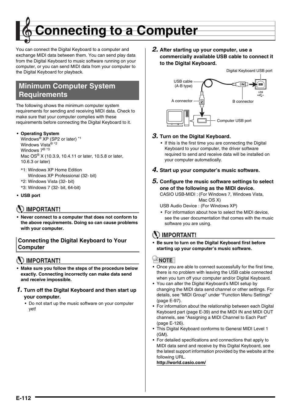 Connecting to a computer, Minimum computer system requirements | Casio WK6500E1B User Manual | Page 114 / 132