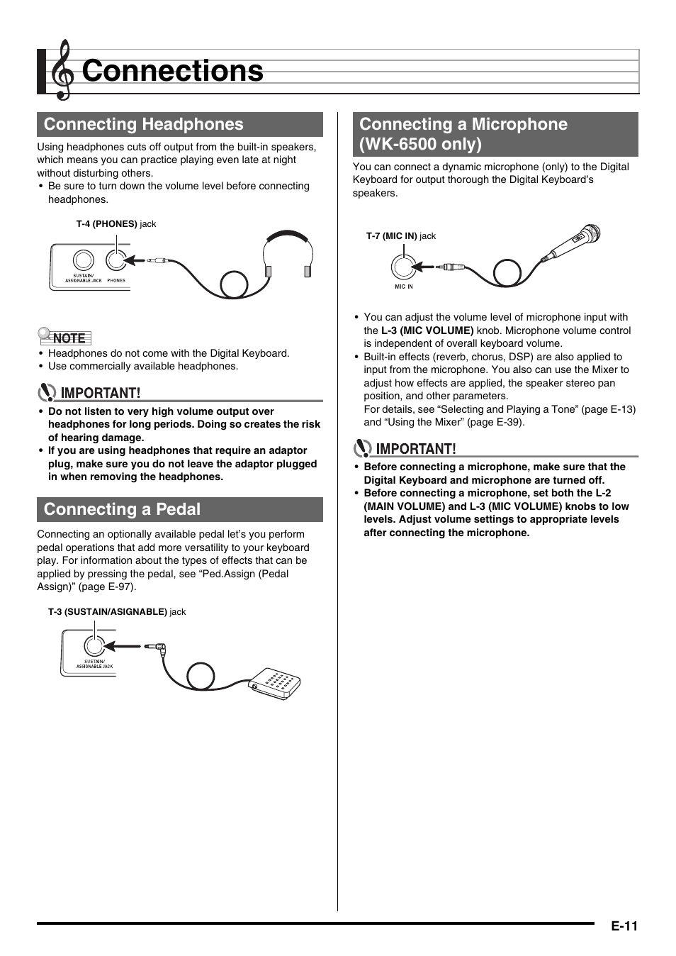 Connections, Connecting headphones connecting a pedal, Connecting a microphone (wk-6500 only) | Casio WK6500E1B User Manual | Page 13 / 132