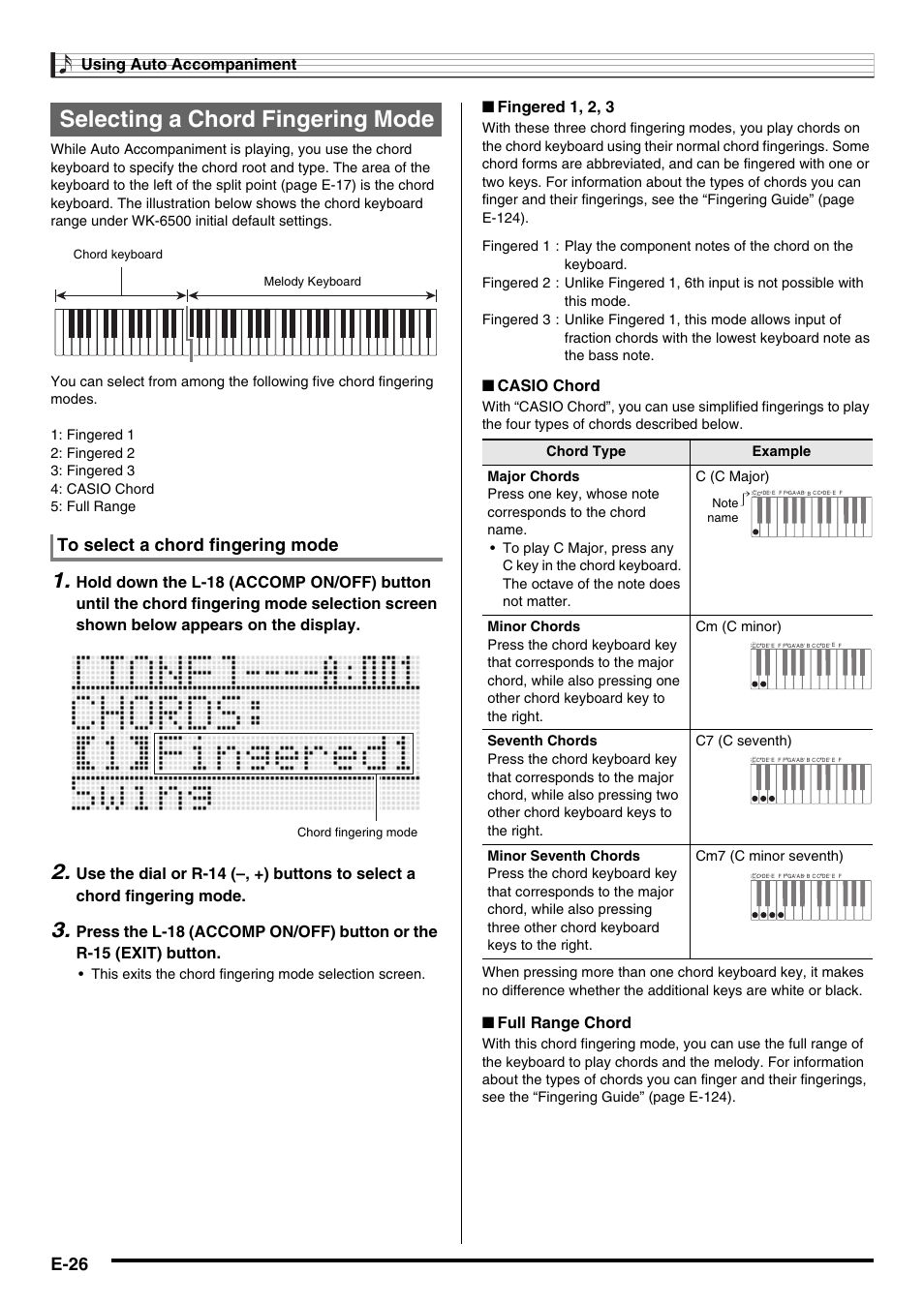Selecting a chord fingering mode, E-26, Using auto accompaniment | Fingered 1, 2, 3, Casio chord, Full range chord | Casio WK6500E1B User Manual | Page 28 / 132