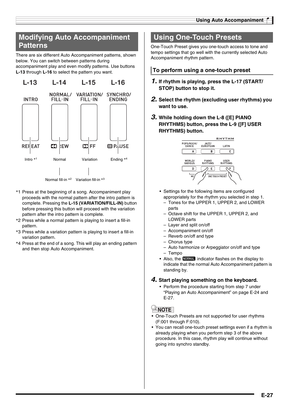 Modifying auto accompaniment patterns, Using one-touch presets, L-13 | Casio WK6500E1B User Manual | Page 29 / 132