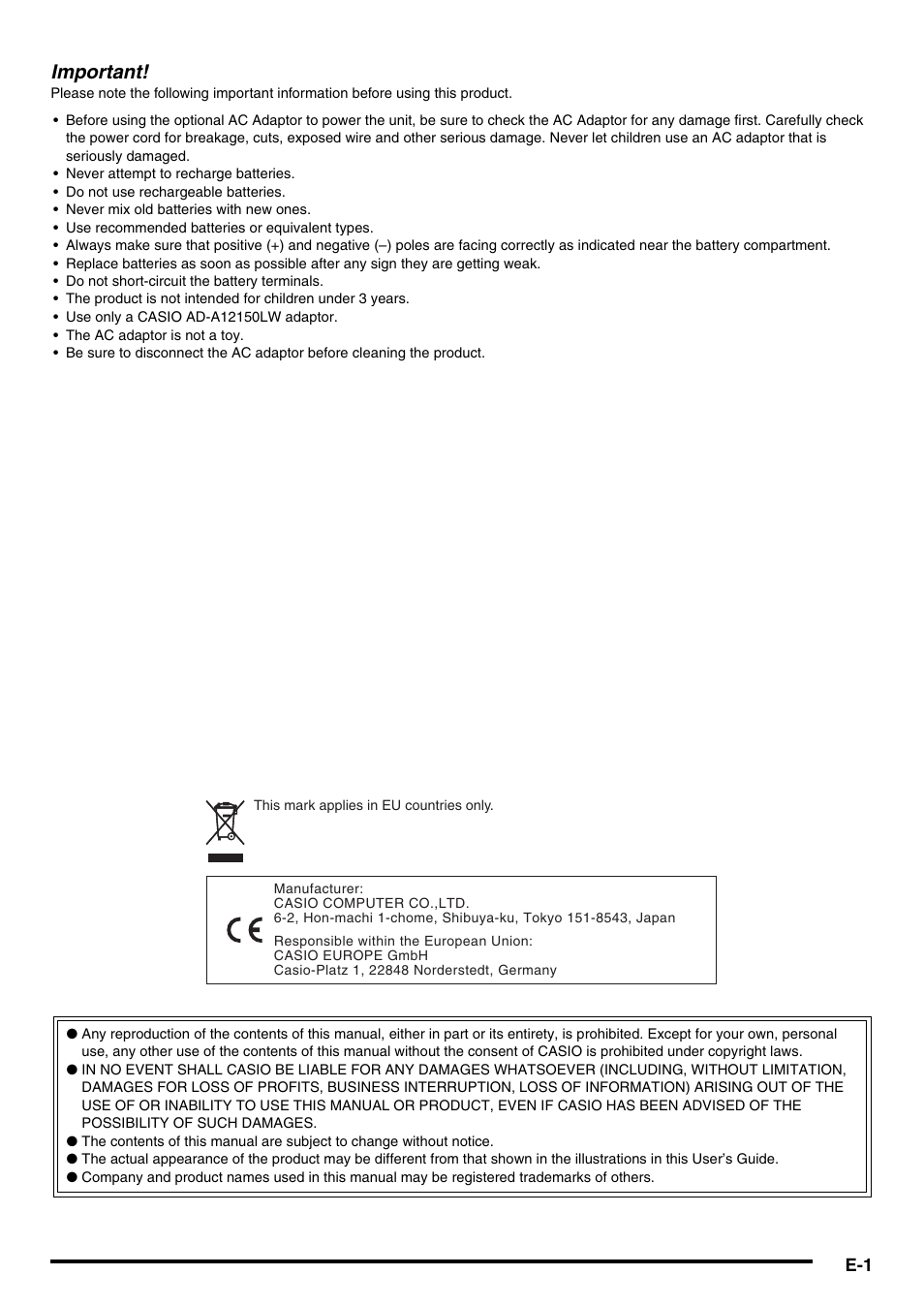 Important | Casio WK6500E1B User Manual | Page 3 / 132