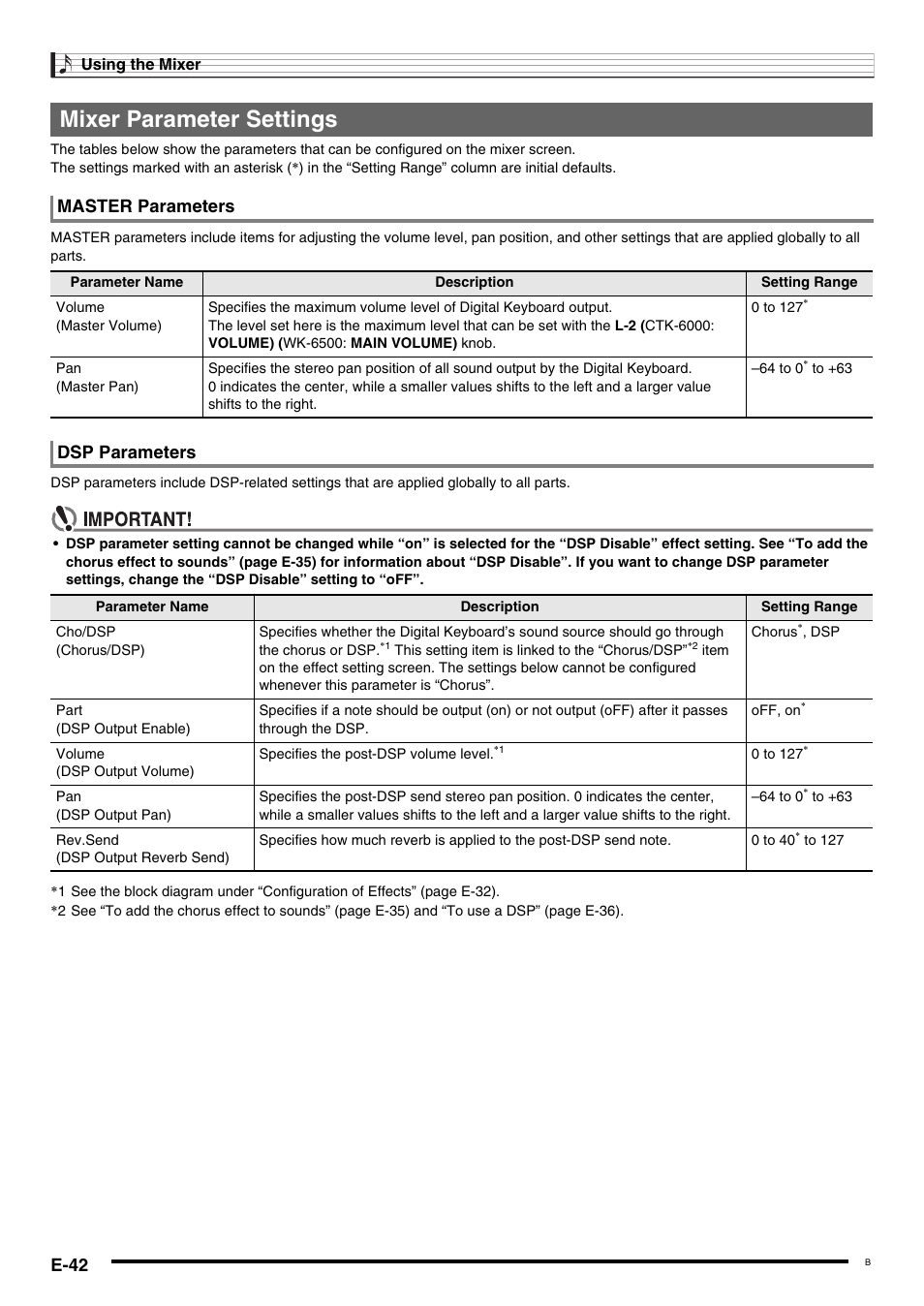 Mixer parameter settings, E-42, Master parameters | Dsp parameters | Casio WK6500E1B User Manual | Page 44 / 132
