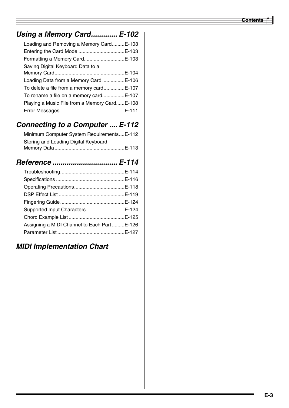 Connecting to a computer .... e-112, Reference ................................ e-114, Midi implementation chart | Casio WK6500E1B User Manual | Page 5 / 132