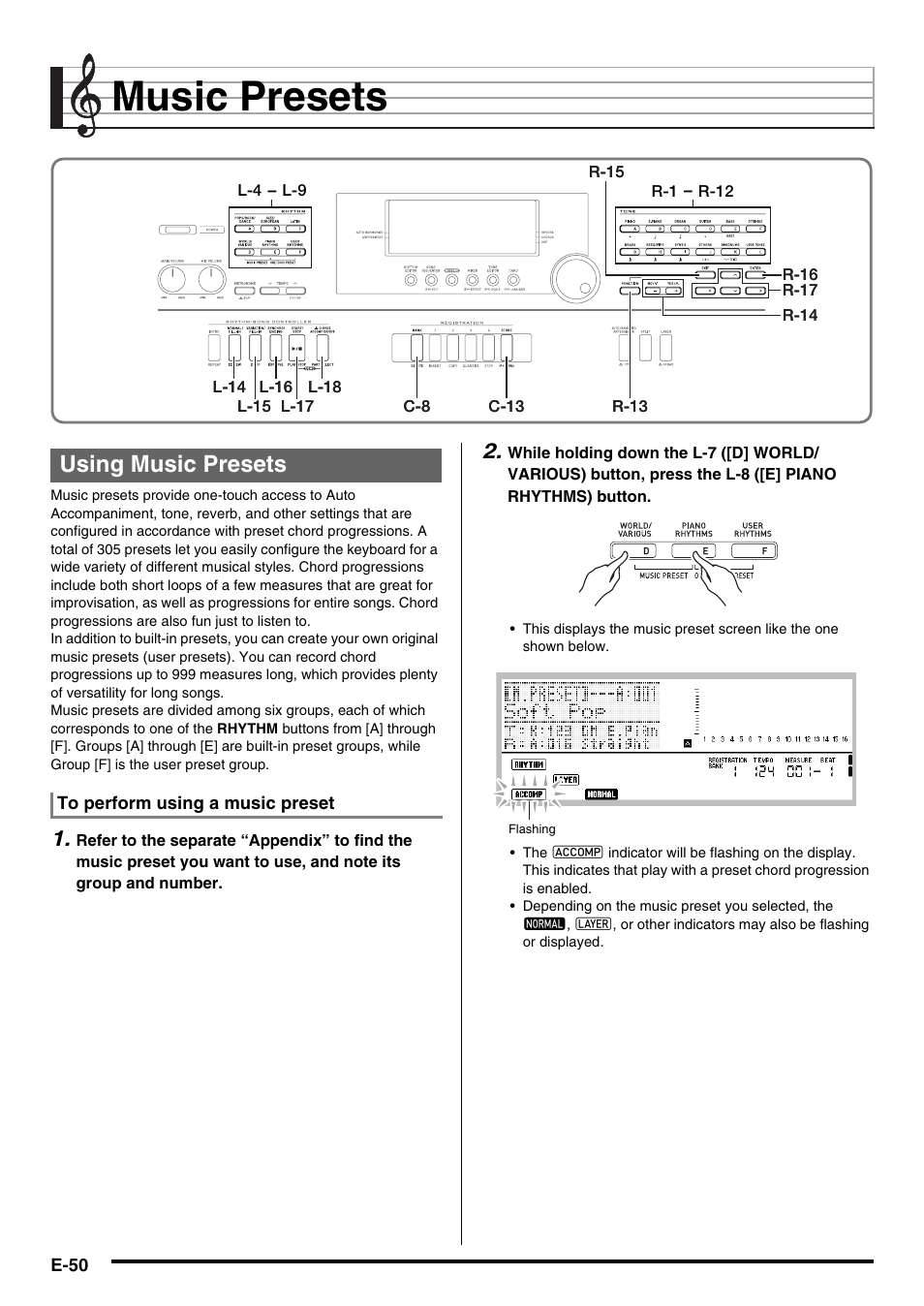 Music presets, Using music presets | Casio WK6500E1B User Manual | Page 52 / 132
