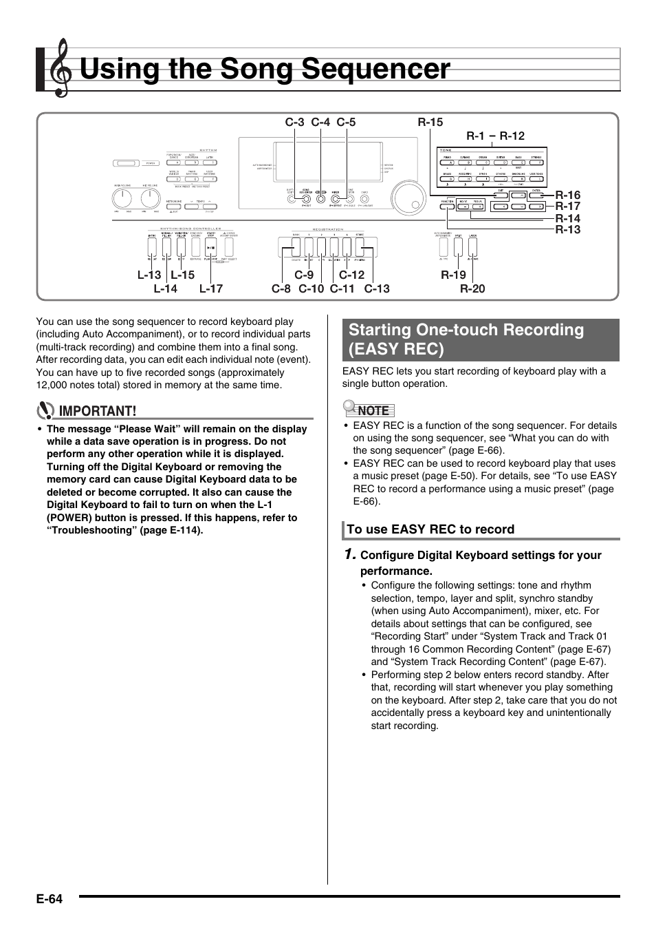 Using the song sequencer, Starting one-touch recording (easy rec) | Casio WK6500E1B User Manual | Page 66 / 132