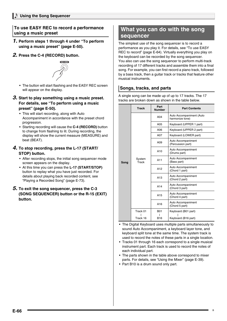 What you can do with the song sequencer, E-66, Songs, tracks, and parts | Casio WK6500E1B User Manual | Page 68 / 132