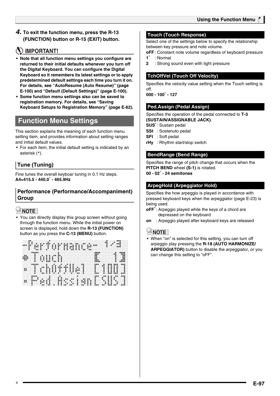 Function menu settings, E-97 | Casio WK6500E1B User Manual | Page 99 / 132