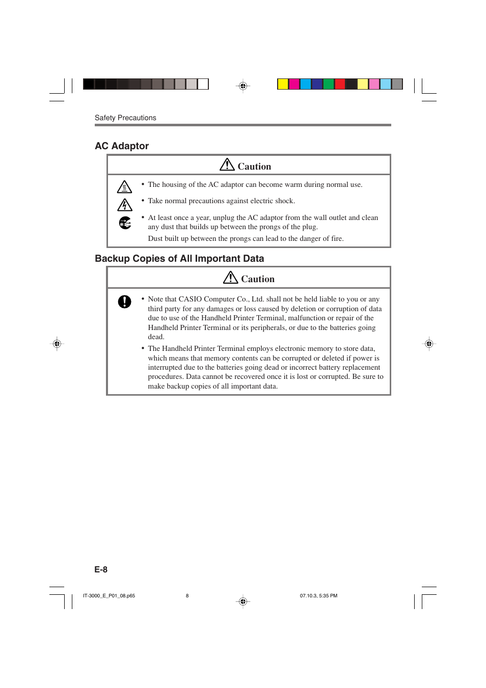 Ac adaptor caution, Backup copies of all important data caution | Casio IT-3000 User Manual | Page 10 / 79