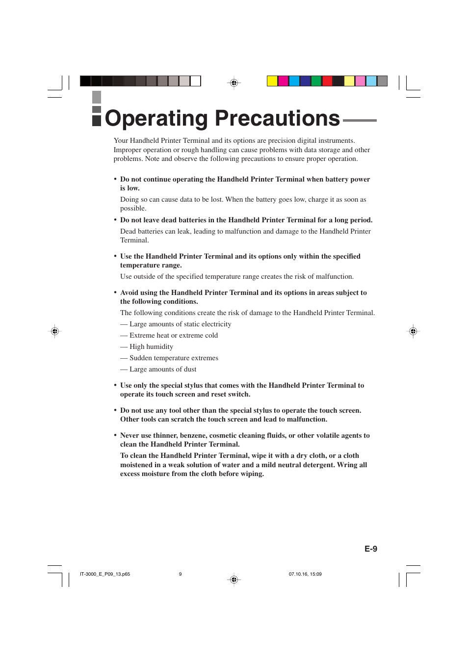 Operating precautions | Casio IT-3000 User Manual | Page 11 / 79