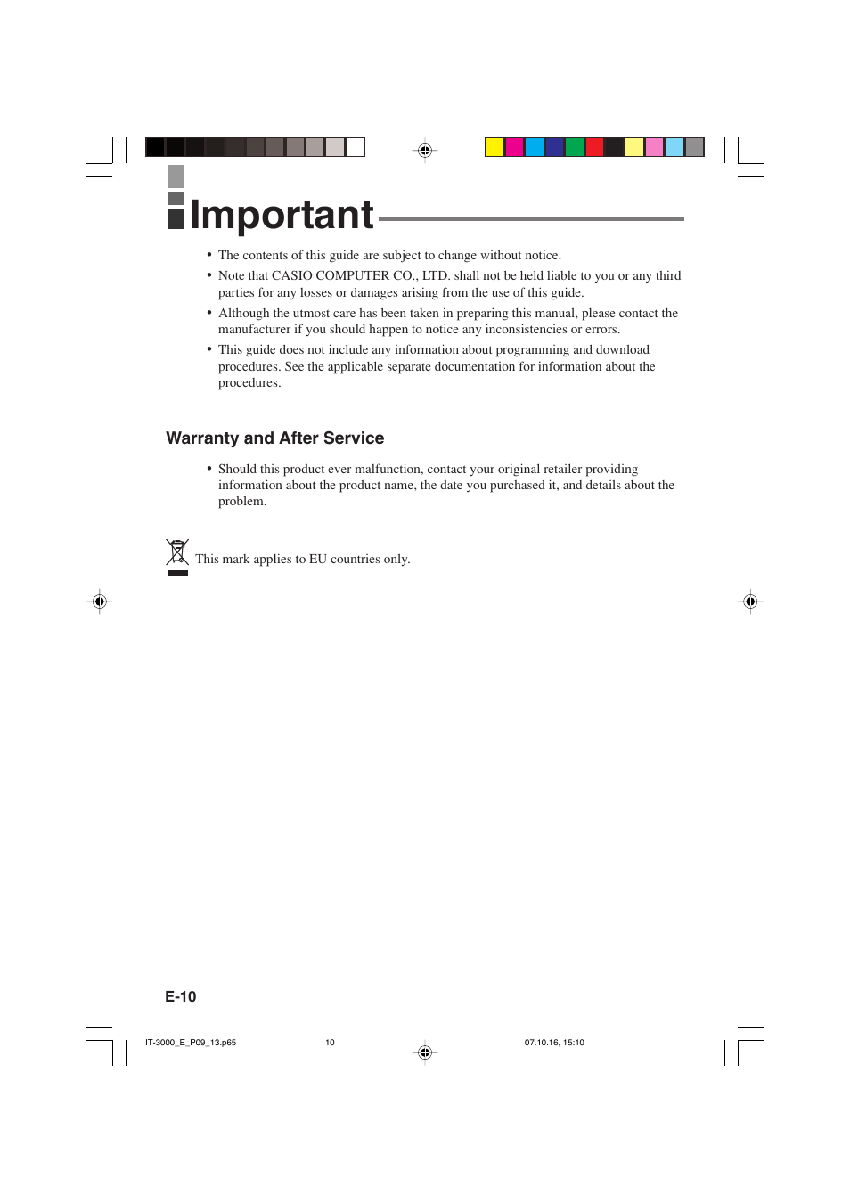 Important | Casio IT-3000 User Manual | Page 12 / 79