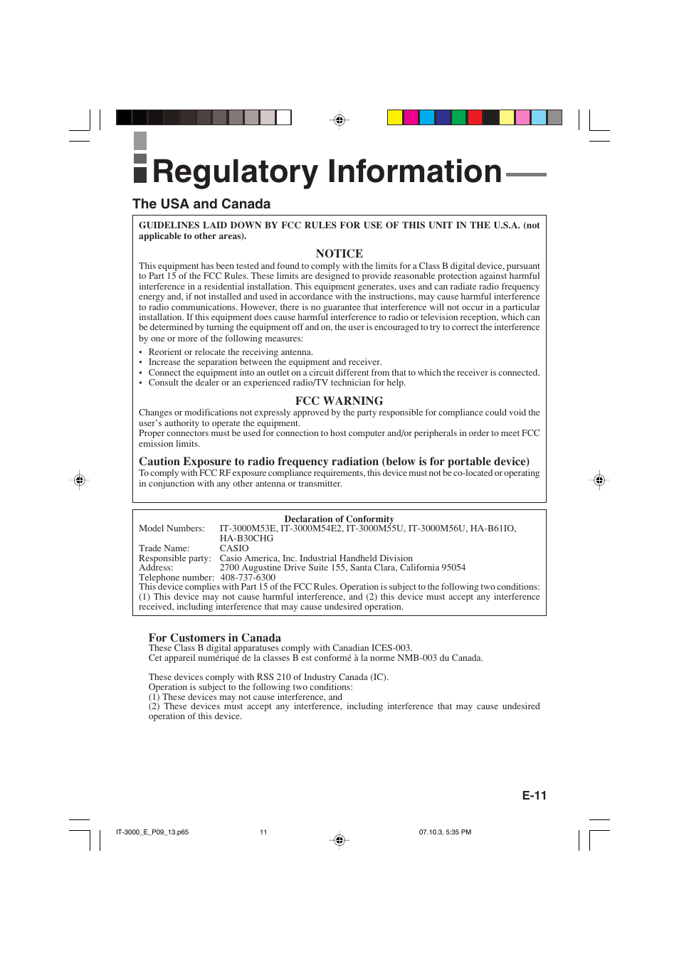 Regulatory information, The usa and canada | Casio IT-3000 User Manual | Page 13 / 79