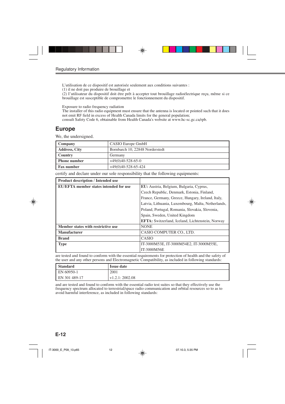 Europe | Casio IT-3000 User Manual | Page 14 / 79