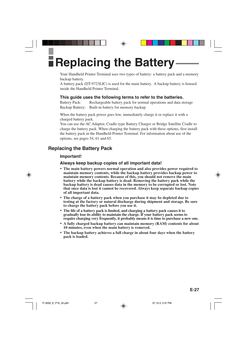 Replacing the battery | Casio IT-3000 User Manual | Page 29 / 79