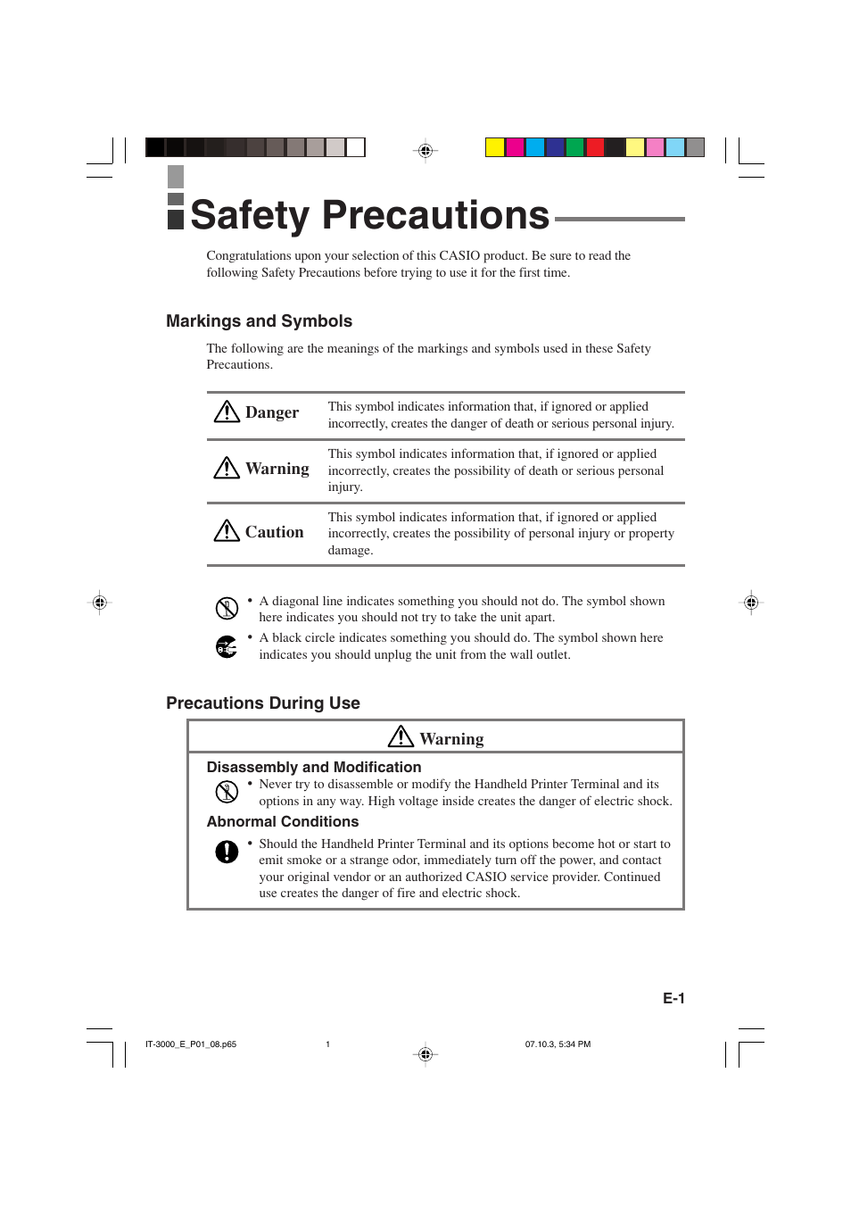 Safety precautions | Casio IT-3000 User Manual | Page 3 / 79