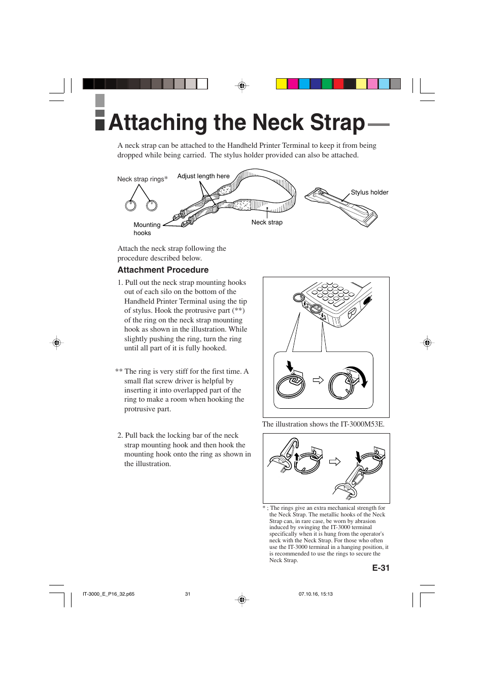 Attaching the neck strap | Casio IT-3000 User Manual | Page 33 / 79