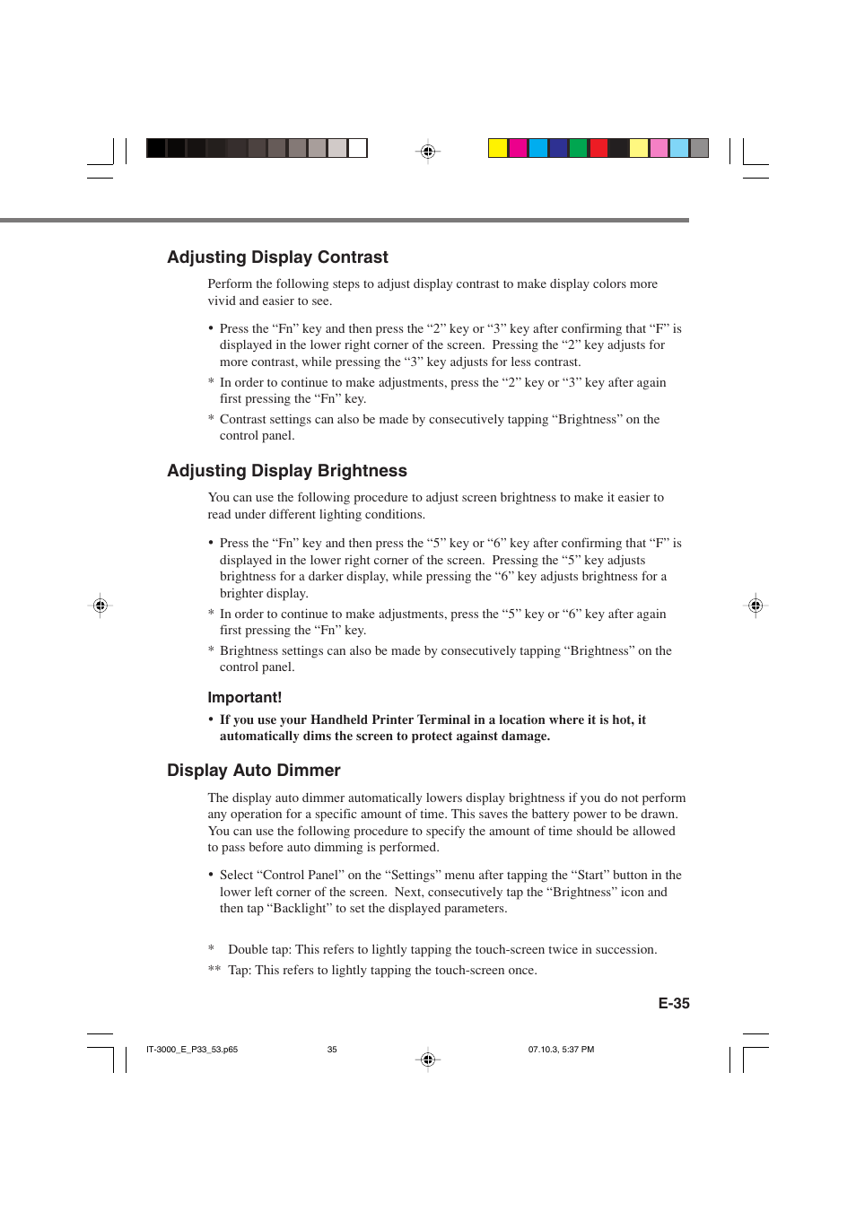 Adjusting display contrast, Adjusting display brightness, Display auto dimmer | Casio IT-3000 User Manual | Page 37 / 79