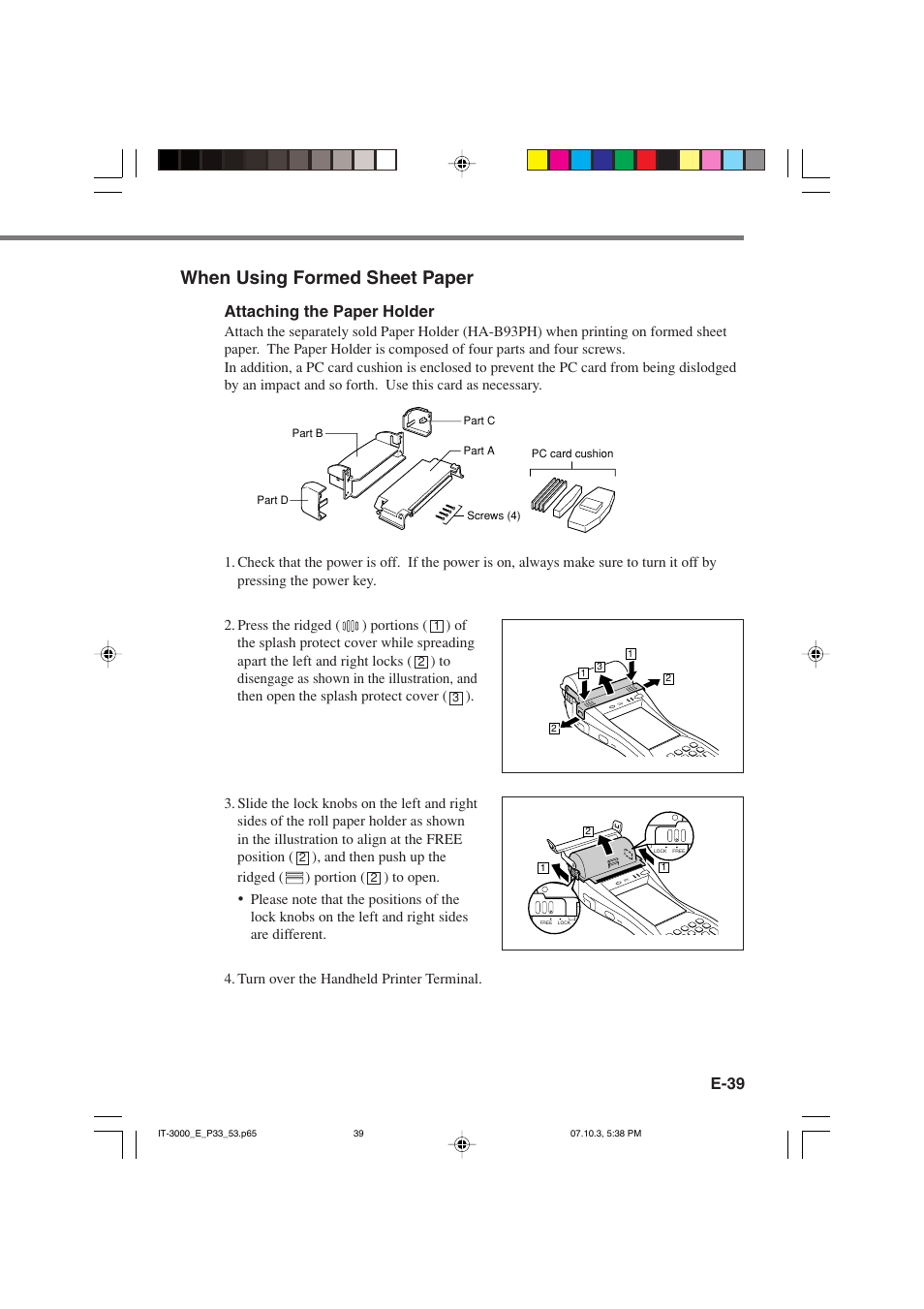 When using formed sheet paper, E-39, Attaching the paper holder | Casio IT-3000 User Manual | Page 41 / 79