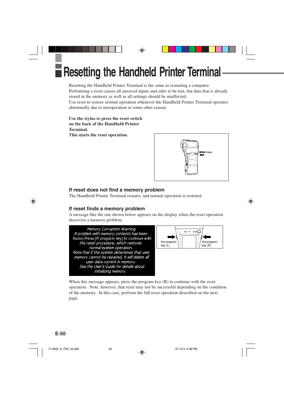 Resetting the handheld printer terminal | Casio IT-3000 User Manual | Page 52 / 79