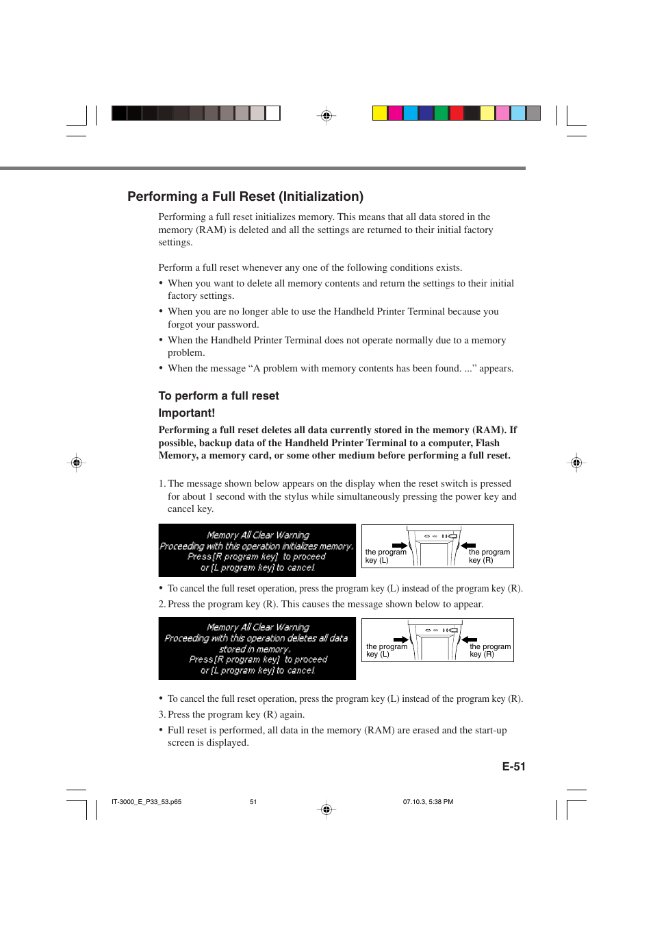 Performing a full reset (initialization) | Casio IT-3000 User Manual | Page 53 / 79