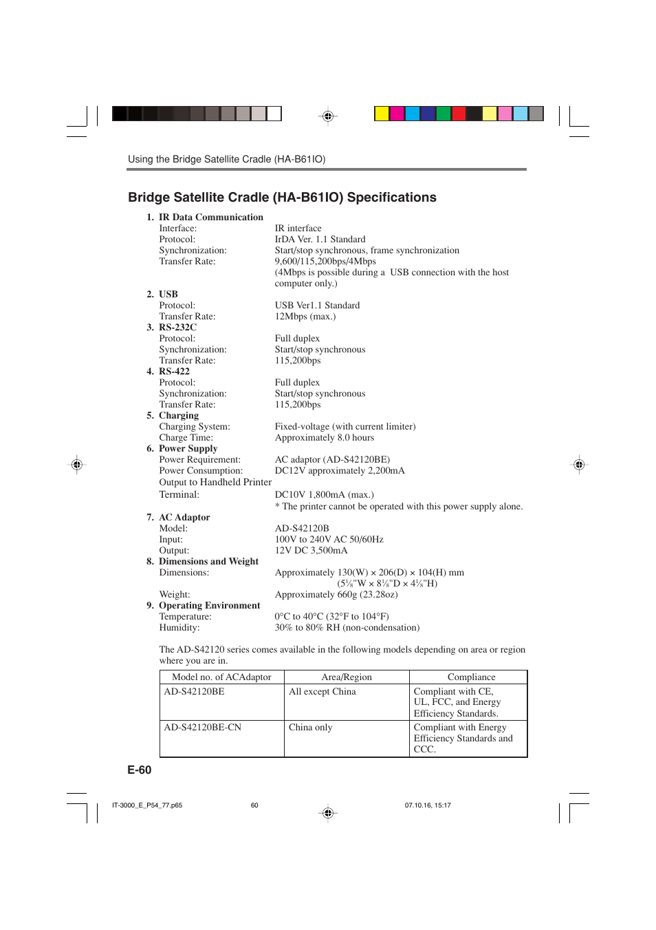 Bridge satellite cradle (ha-b61io) specifications | Casio IT-3000 User Manual | Page 62 / 79