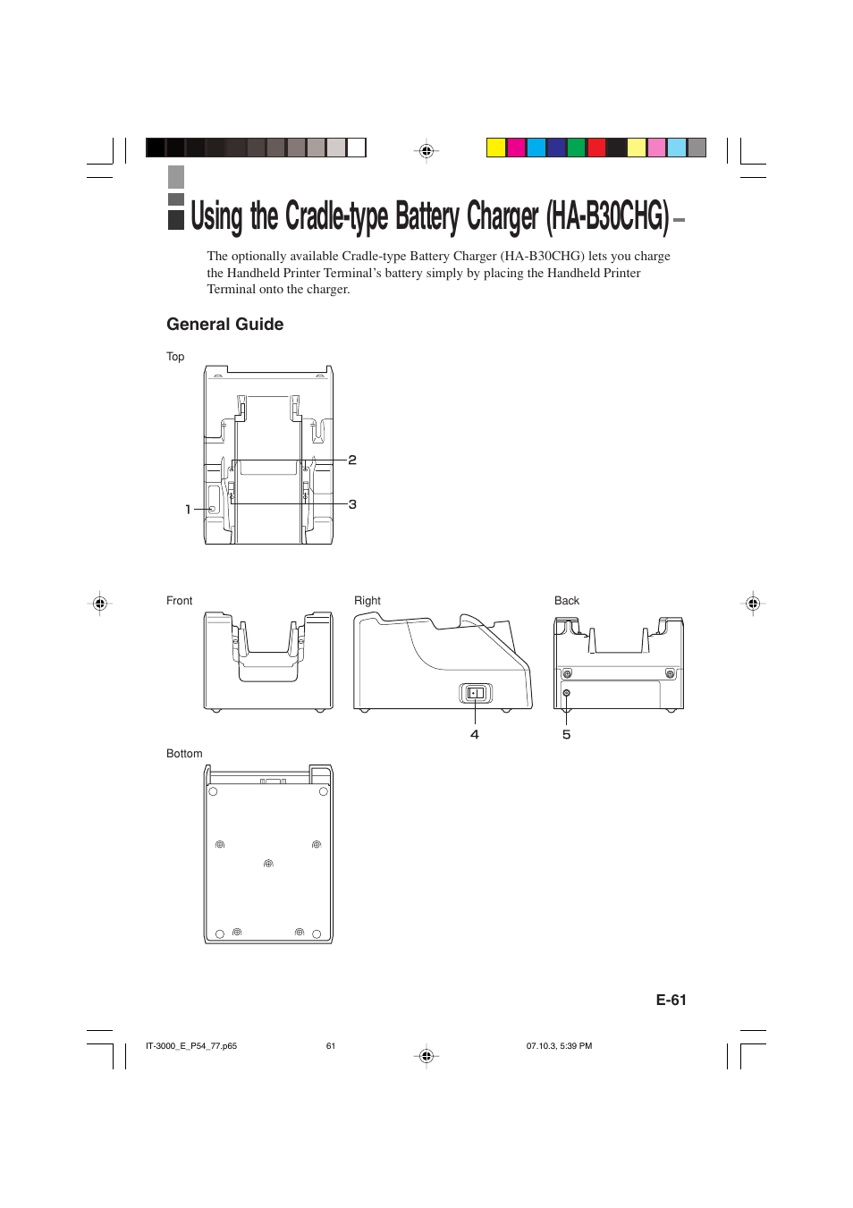 Using the cradle-type battery charger (ha-b30chg), General guide | Casio IT-3000 User Manual | Page 63 / 79