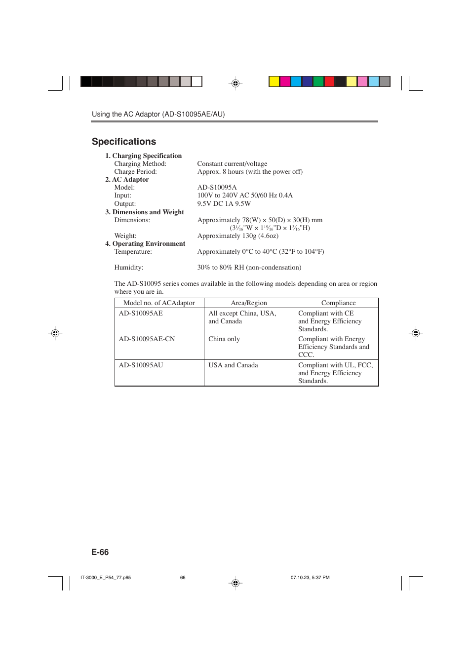 Specifications | Casio IT-3000 User Manual | Page 68 / 79